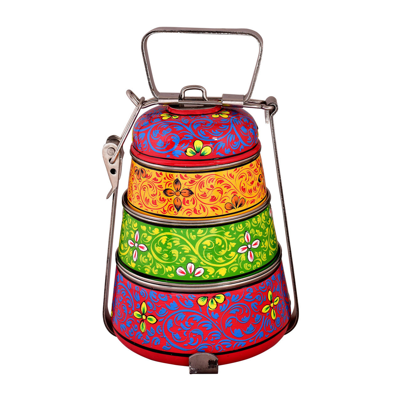 Hand-Painted 3-Tier Stainless Steel Lunch Box –  multicolor Floral Design Eco-Friendly & Artistic Food Carrier